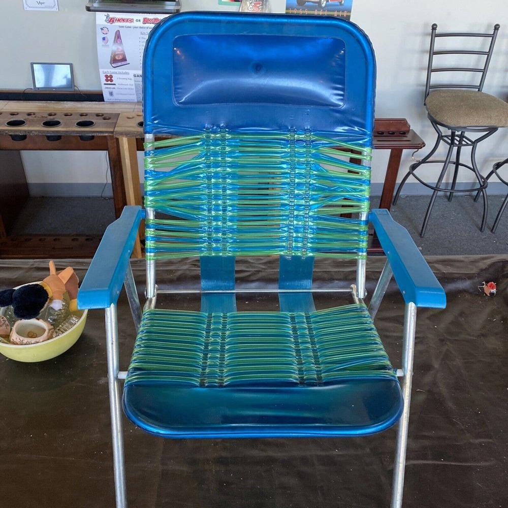 vintage folding jelly tube lawn chair Inflatable Headrest Metal Green/blue